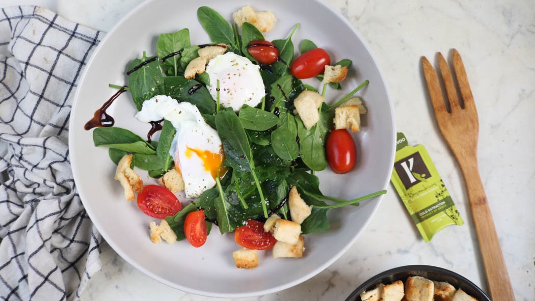 Image of Recipe-262-Spinach Salad with Poached Eggs and Parmesan Croutons