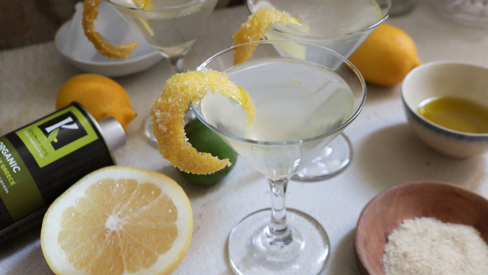 Image of Recipe-334-Lemon Drop Martini with Olive Oil-Sugar Coated Lemon Peels