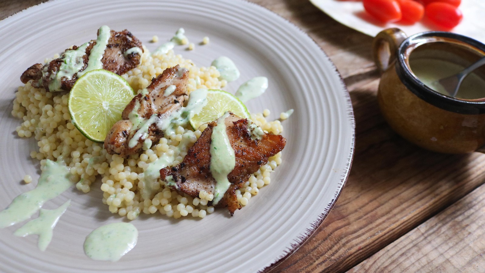 Image of Recipe-361-Grilled Chicken with Basil-Tahini Sauce and Couscous