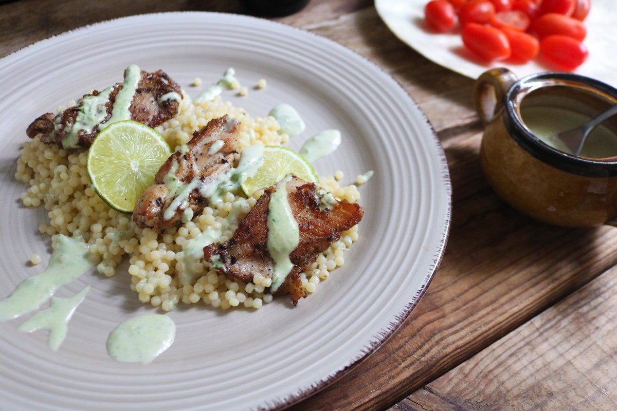 Recipe-361-Grilled Chicken with Basil-Tahini Sauce and Couscous