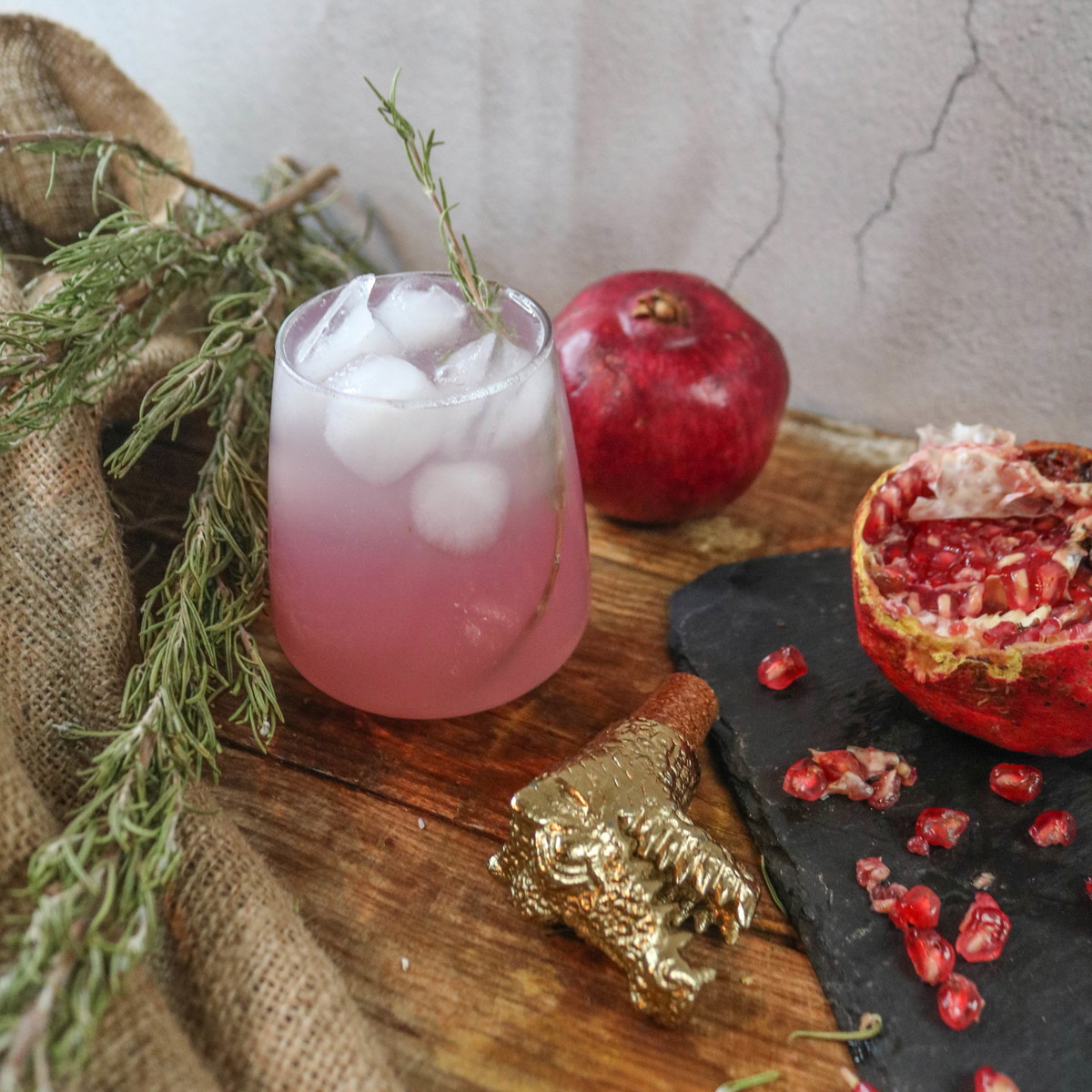 Recipe-138-Pomegranate Gin Fizz with Rosemary Olive Oil Syrup