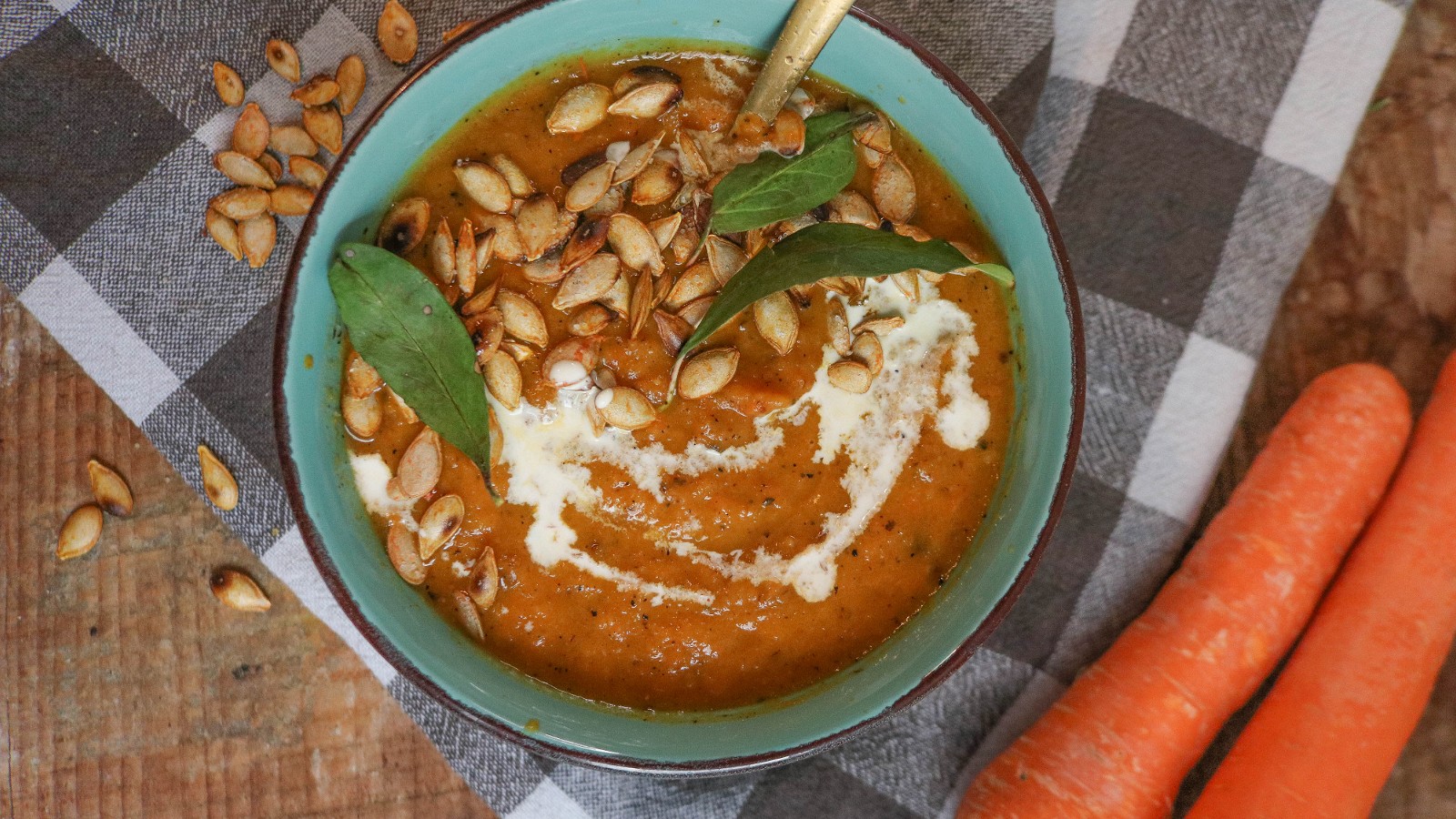 Image of Recipe-170-Creamy Roasted Carrot Soup with Crispy Pumpkin Seed Croutons 
