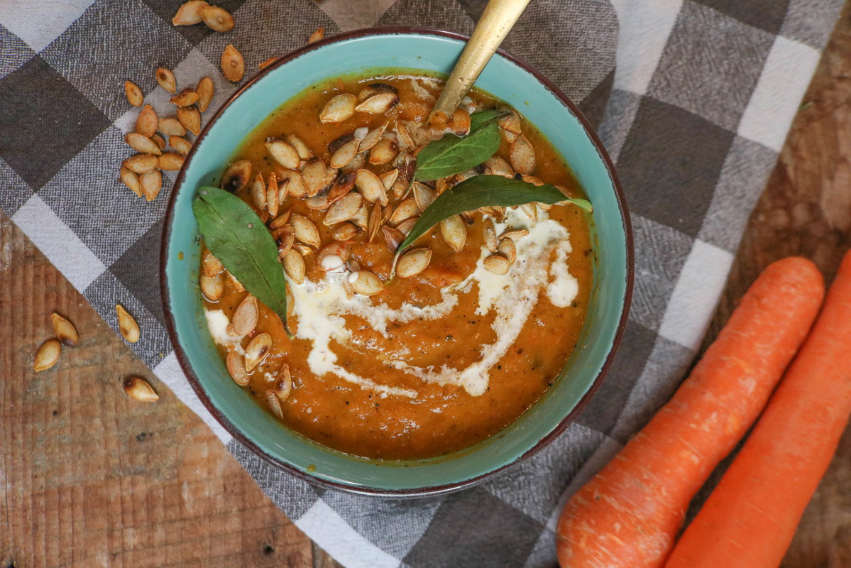 Recipe-170-Creamy Roasted Carrot Soup with Crispy Pumpkin Seed Croutons