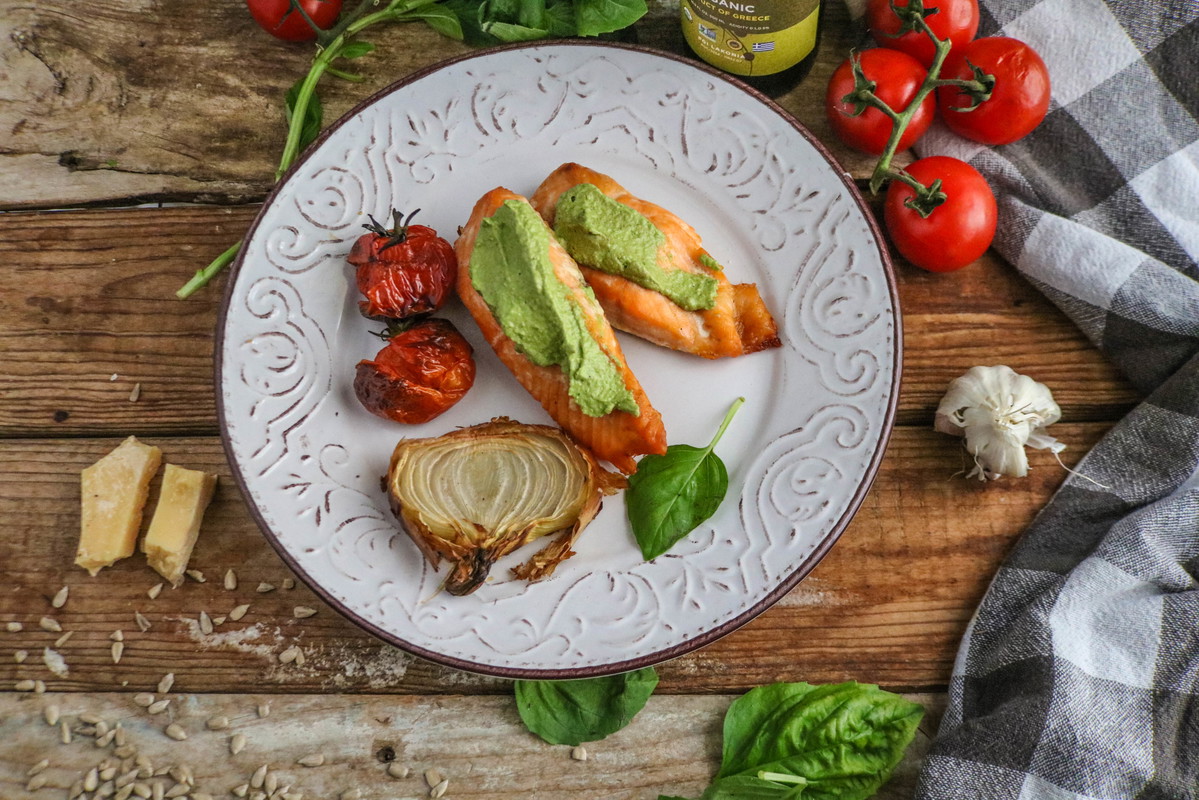 Recipe-200-Baked Salmon and Charred Tomatoes with Pesto