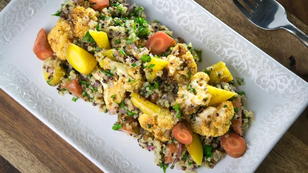 Image of Quinoa Tabbouleh with Lemon Vinaigrette and Garlic Roasted Cauliflower and Carrots