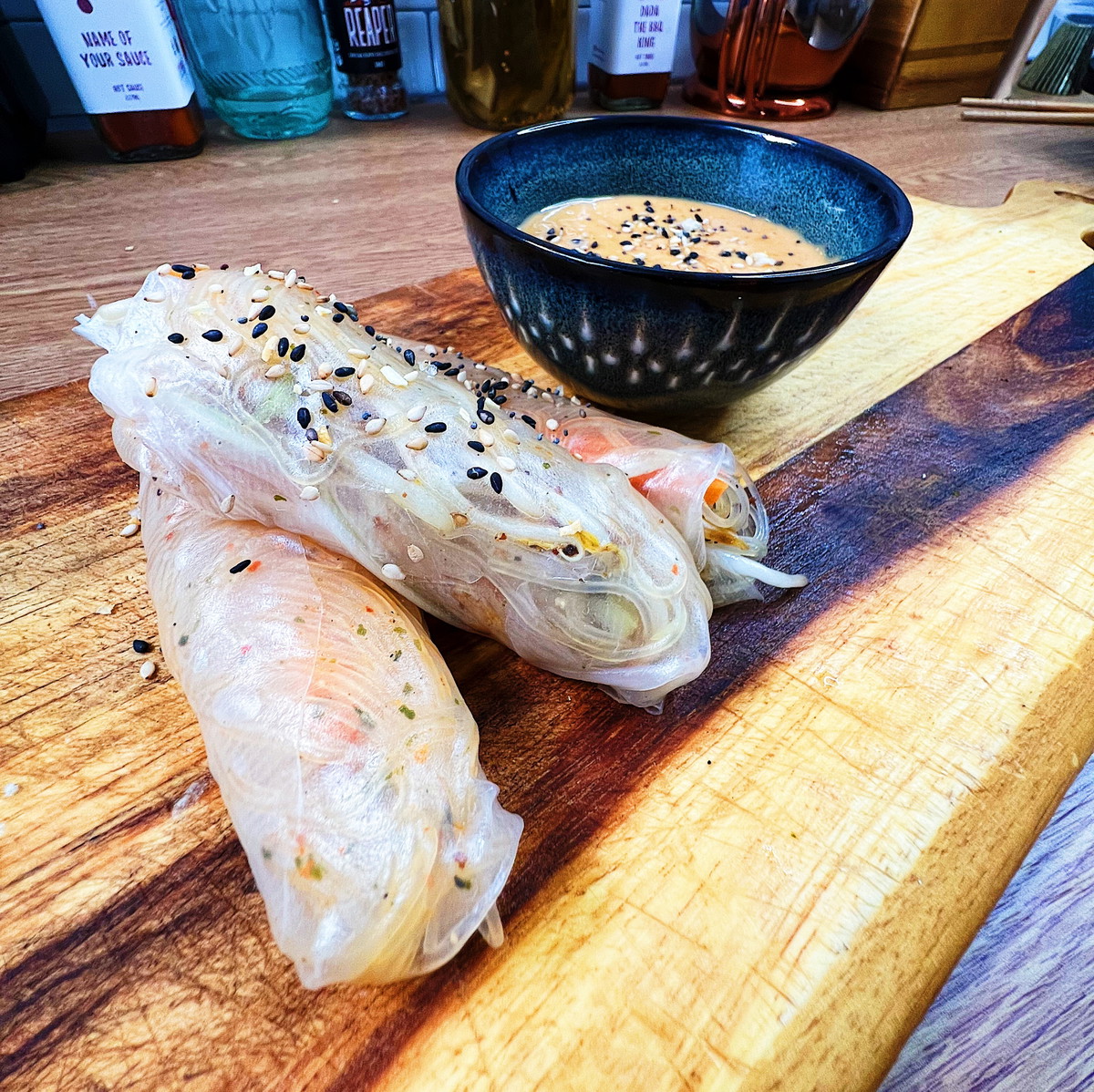 Ramen rolls with easy satay dip