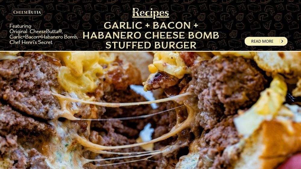 Image of Garlic + Bacon + Habanero Cheese Bomb stuffed burger, topped with mac and cheese, and the bun spread