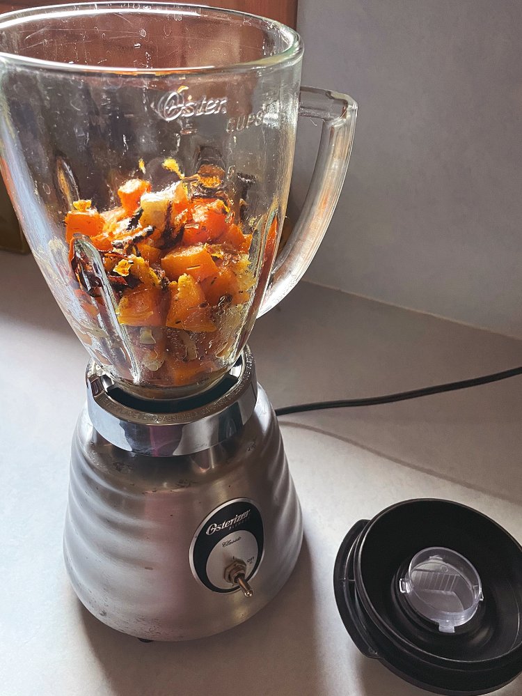 Image of Once veggies are tender, add them (hot) to a blender....