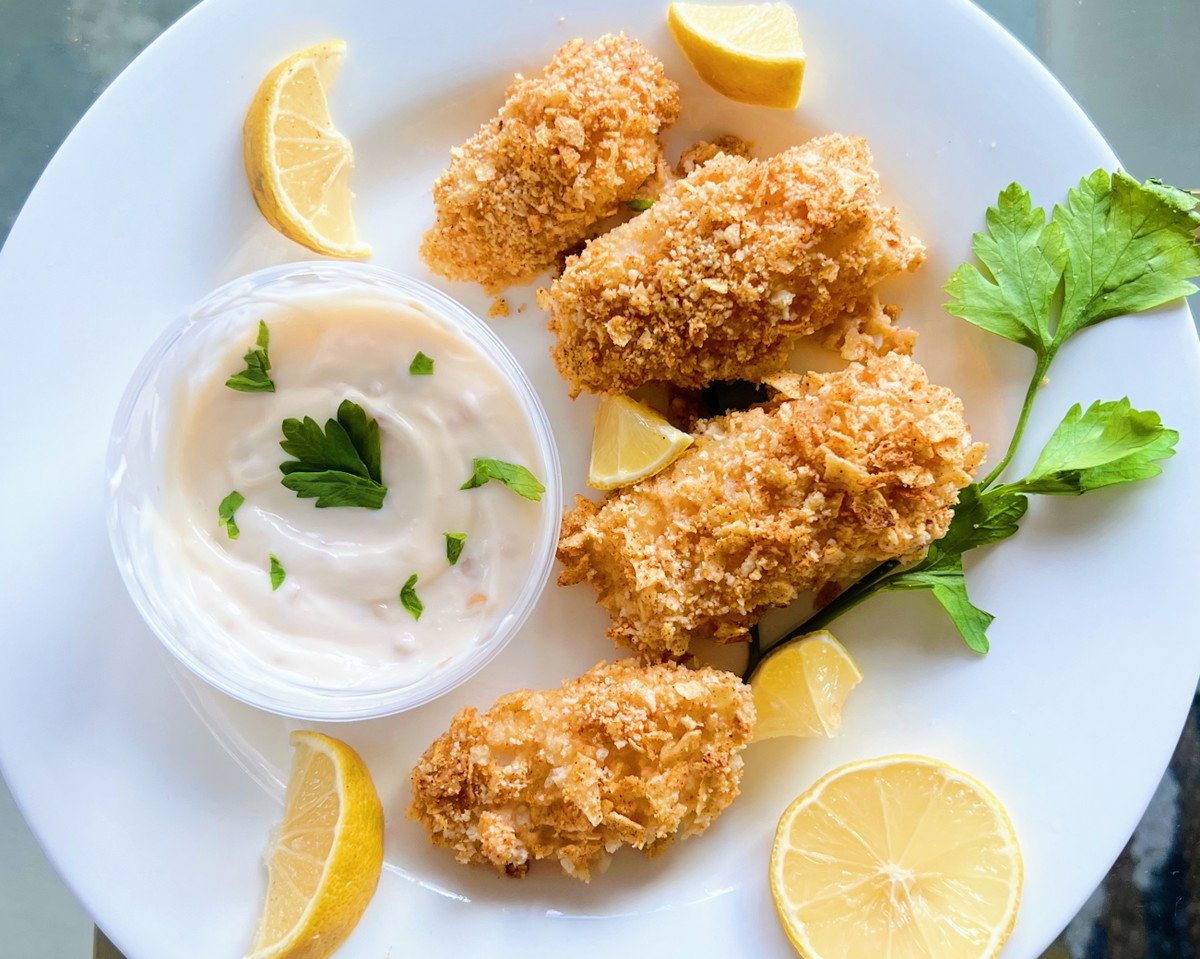 Potato Chip-Crusted Cod with Lemon Garlic Aioli