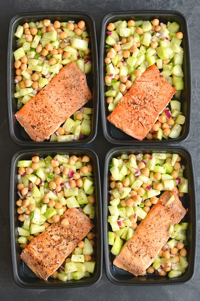 Image of Place one salmon filet in each meal prep container. Divide...