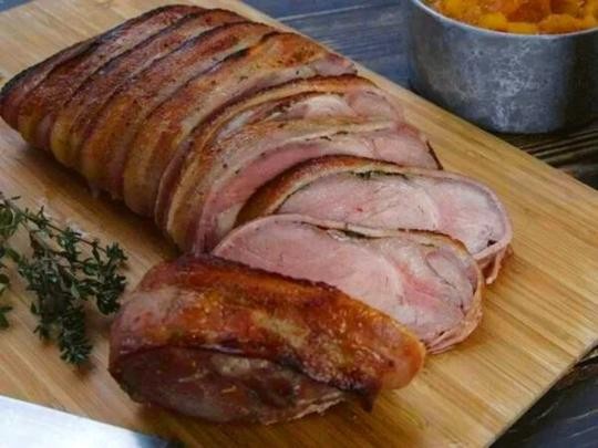 Image of Bacon-Wrapped Pork Roast with Peach Sauce