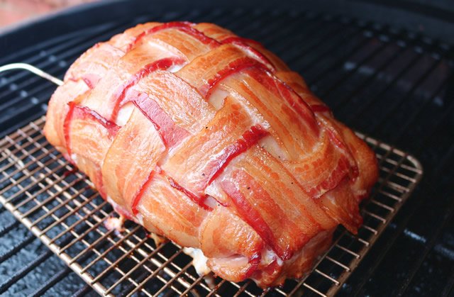 Image of Place the bacon weave over the turkey breast tucking the...
