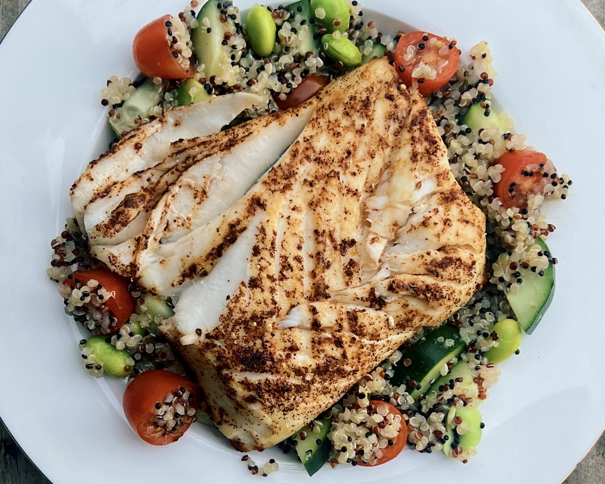 Air Fried Halibut over Quinoa Salad