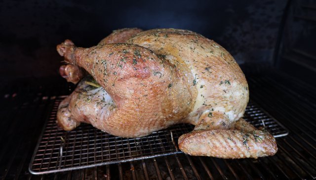 Image of Smoke the turkey for one hour and then start basting...