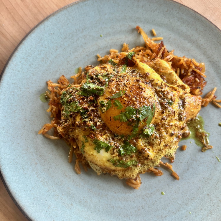 Image of Crisp some up in a pan and top it off with an egg cooked in foamy Vadouvan butter.  See notes and video velow.