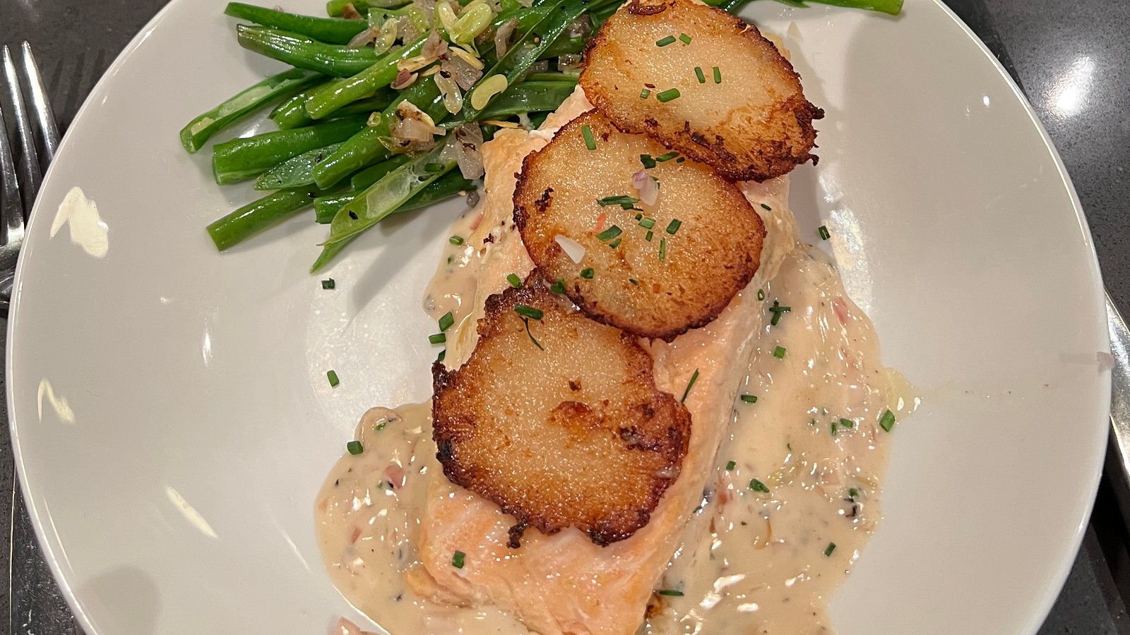 Image of Potato-Crusted King Salmon, White Wine Butter Sauce, and Green Beans from Whisk Cooking Class