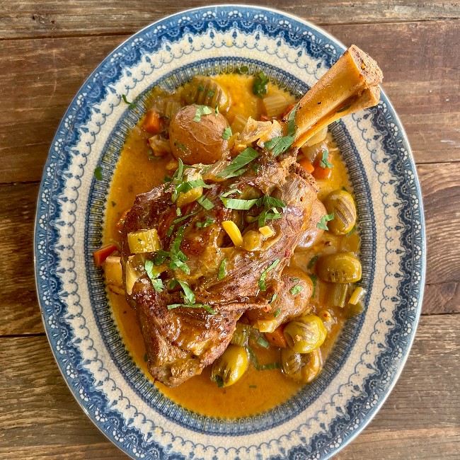 Image of Braised Lamb Shank with Olives and Potatoes