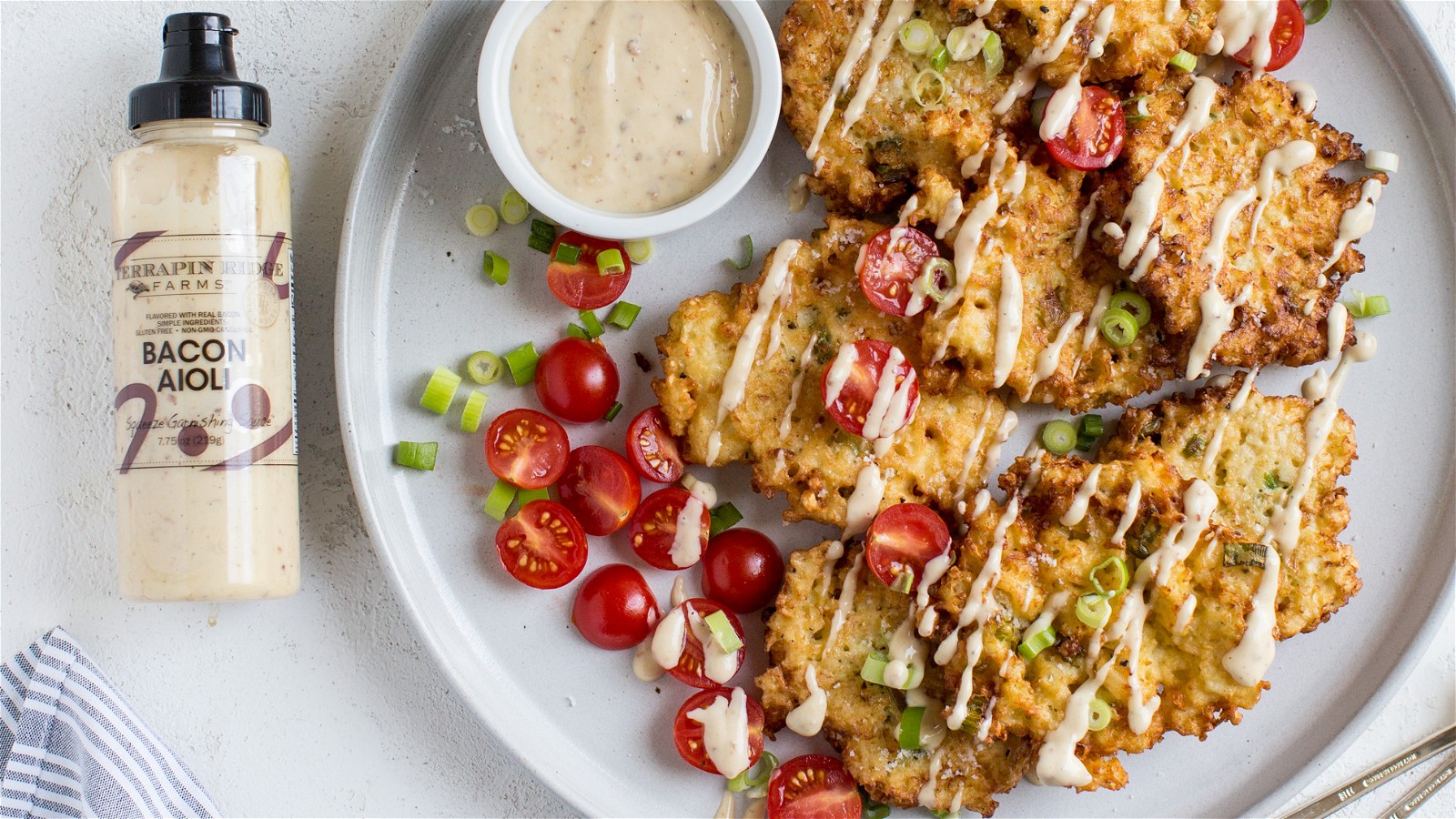Image of Healthy Cauliflower Fritters with Bacon Aioli