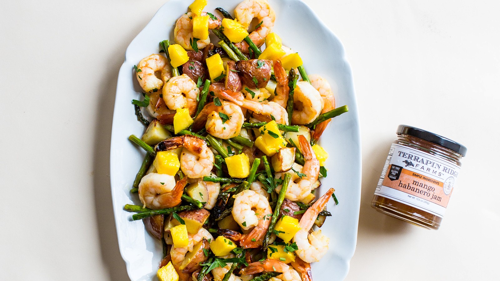 Image of One Pan Mango Habanero Shrimp and Asparagus