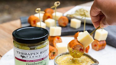 Image of Summer Sausage and White Cheese Bites with Raspberry Wasabi Mustard