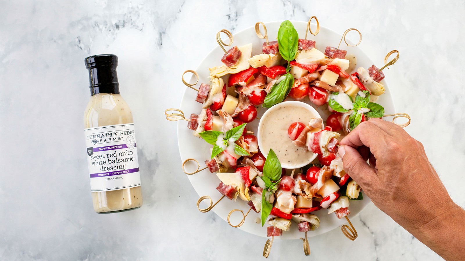 Image of Antipasto Skewers with Sweet Red Onion White Balsamic Dressing