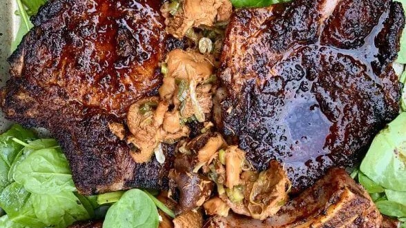 Image of BBQ Pork Chops with Mushroom Escabeche