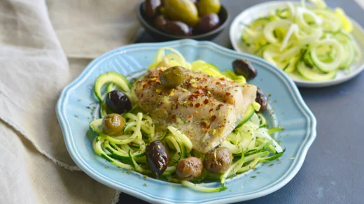 Image of Keto Mediterranean Baked Sablefish with Olives and Zucchini Noodles