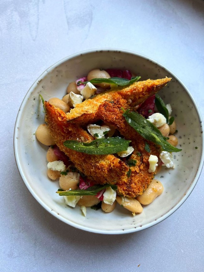 Image of Fried Delica Pumpkin with Butter Beans, Sage + Goats Cheese