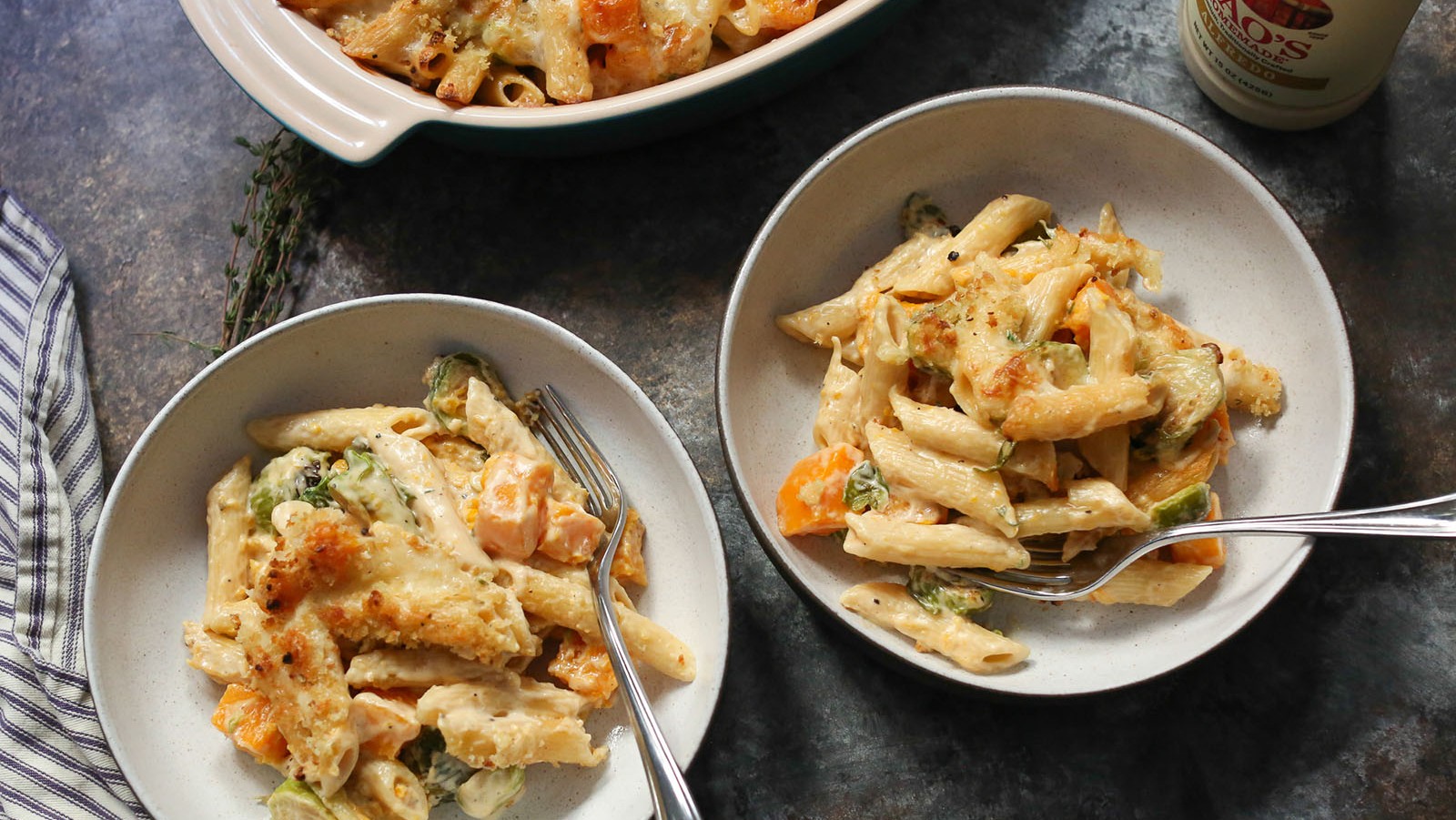 Image of Serena Wolf’s Baked Penne Alfredo with Butternut Squash and Brussels Sprouts
