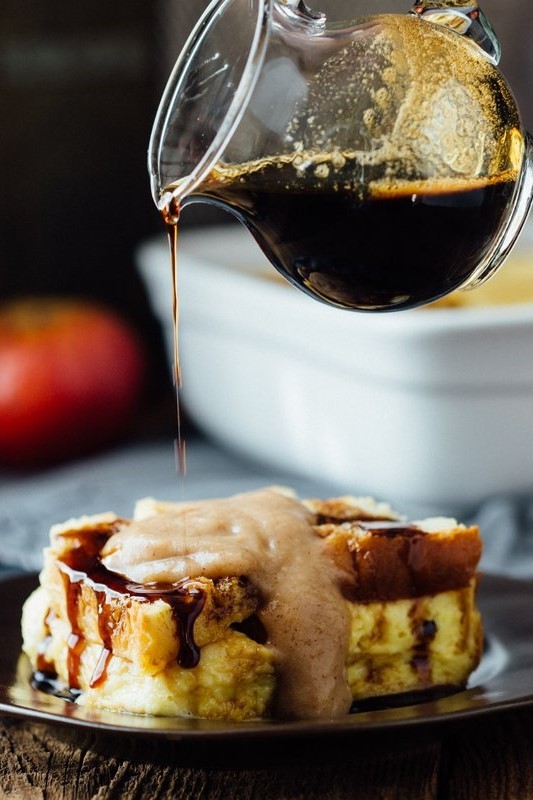Image of Sweet Cheddar Apple Butter Bread Pudding & Dark Beer Caramel Sauce