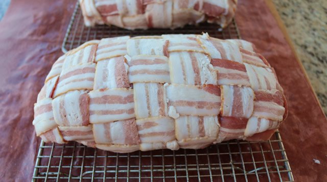 Image of Unwrap each mini turducken and place on bacon weave turkey...