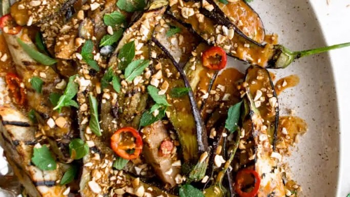 Image of Grilled Eggplant with Red Curry Sauce & Spiced Cashews