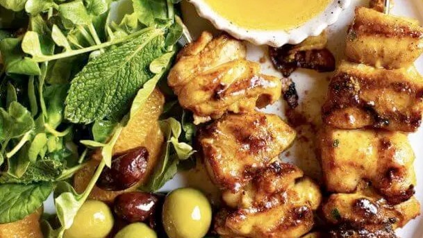 Image of Moroccan Grilled Chicken Skewers with Orange, Olive & Mint Salad
