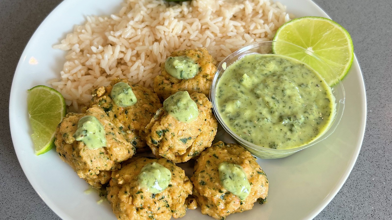 Image of Salmon Meatballs with Avocado-Lime Crema and Rice