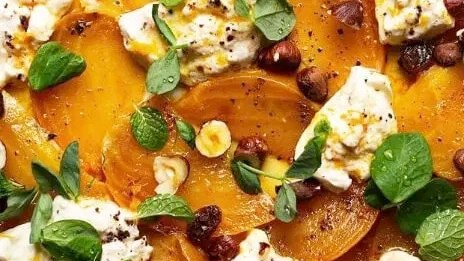 Image of Spiced Golden Beets & Burrata with Hazelnuts, Golden Raisins and White Balsamic Orange Drizzle