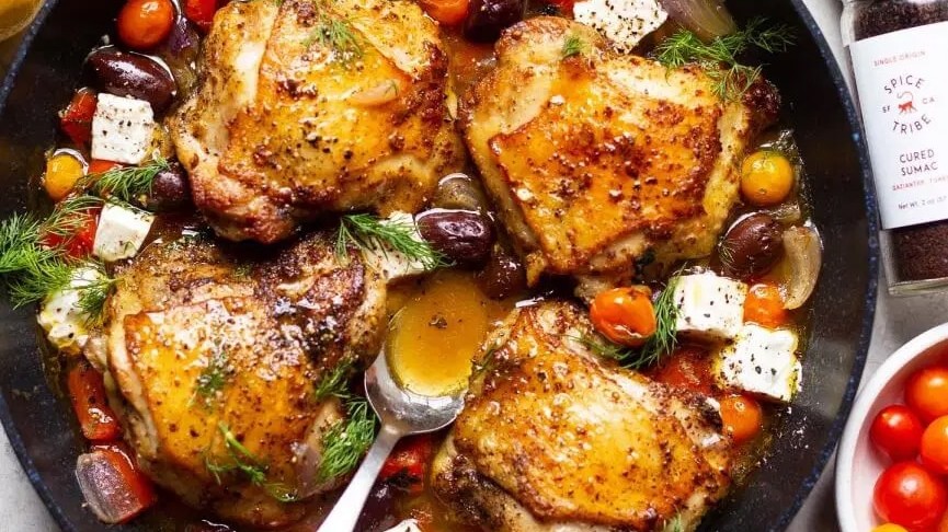 Image of Crispy Spiced Chicken with Olives, Tomatoes & Feta in a Savory Brothy Sauce