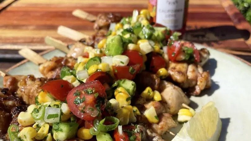Image of Chicken Skewers with Cherry Tomatoes, Corn, Cucumber & Scallion Relish