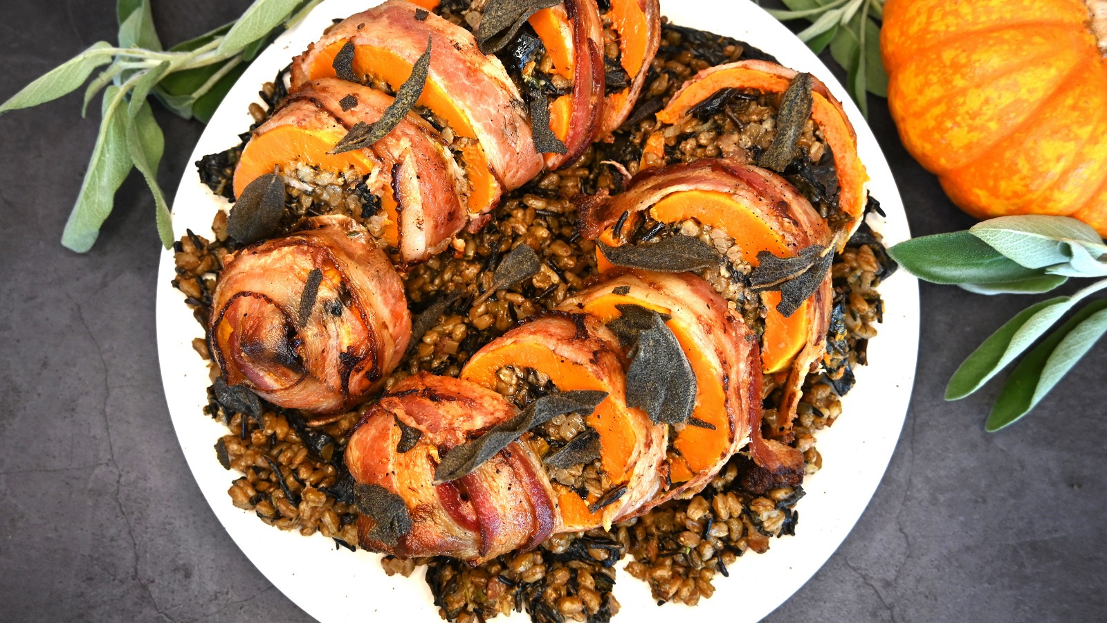 Image of Bacon Wrapped Stuffed Squash with Black Trumpets and Faro