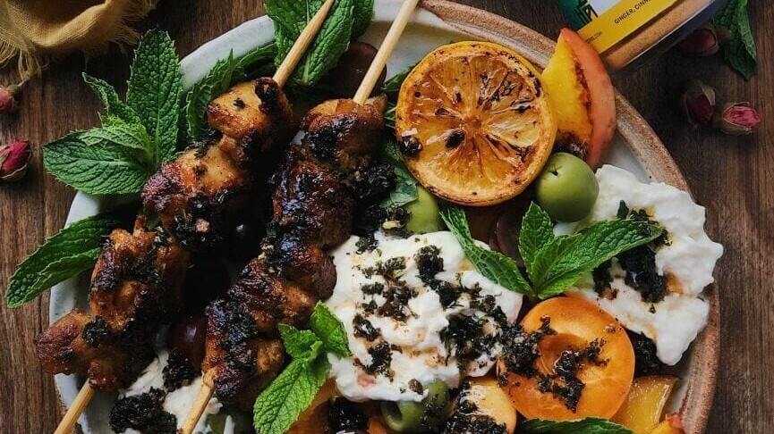 Image of Chicken Skewers with Seared Summer Fruit and Burrata