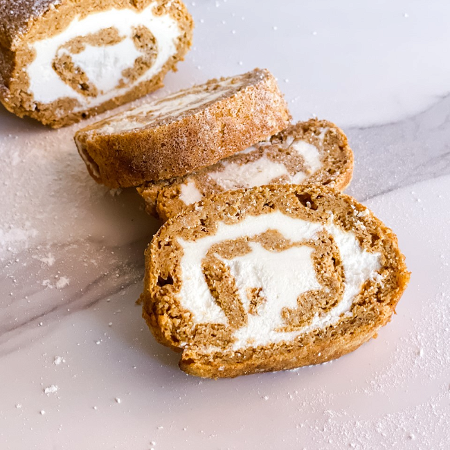Image of Easy Healthy Pumpkin Spice Roll with Vanilla Cream Cheese Filling