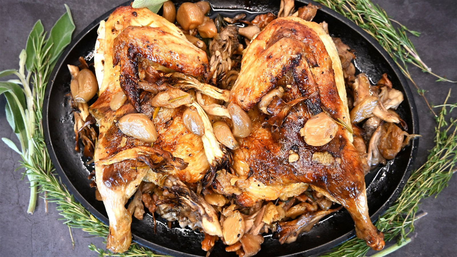 Image of Roasted Chicken with Maitake and Walnuts with Garlic Confit