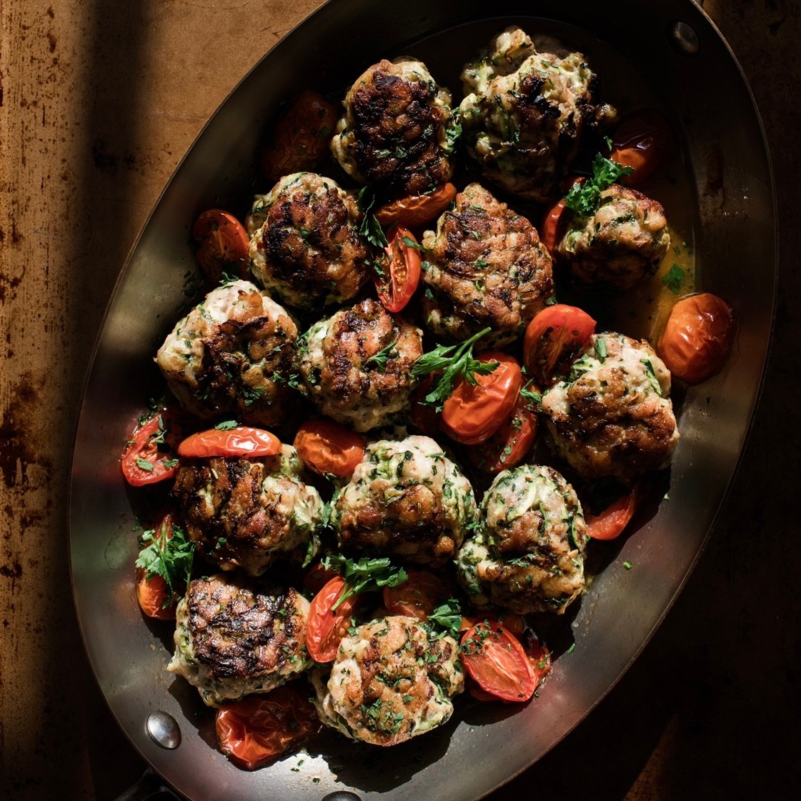 Image of Chicken-Zucchini Meatballs with Roasted Tomatoes