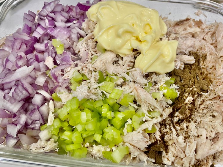 Image of Mix in the red onion, celery, mayonnaise and salt &...