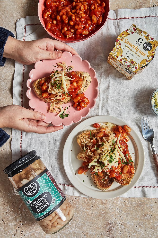 Image of Sweet + Smoky Tomato Beans on Toast with Chipotle Sauerkraut