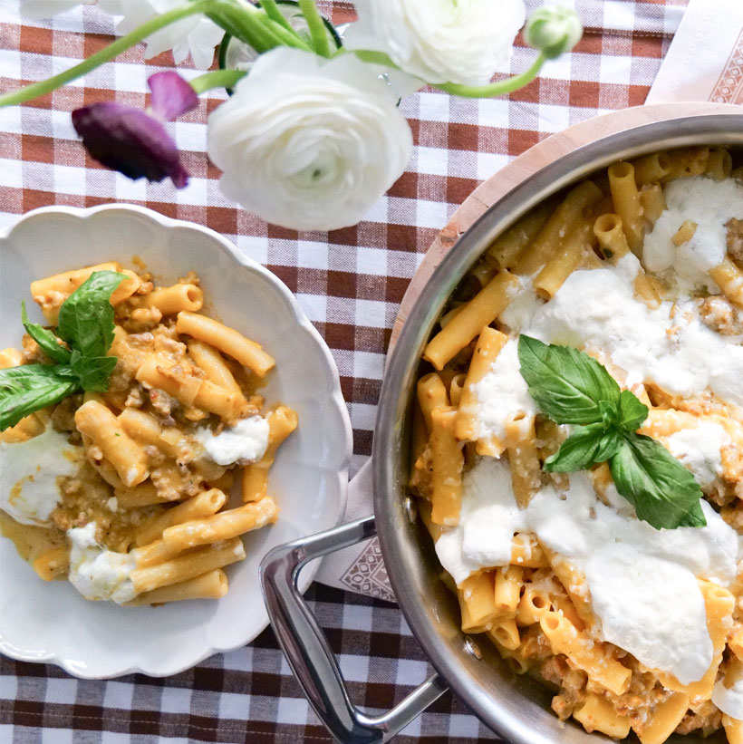 Baked Burrata Pumpkin Ziti with Pork Sausage
