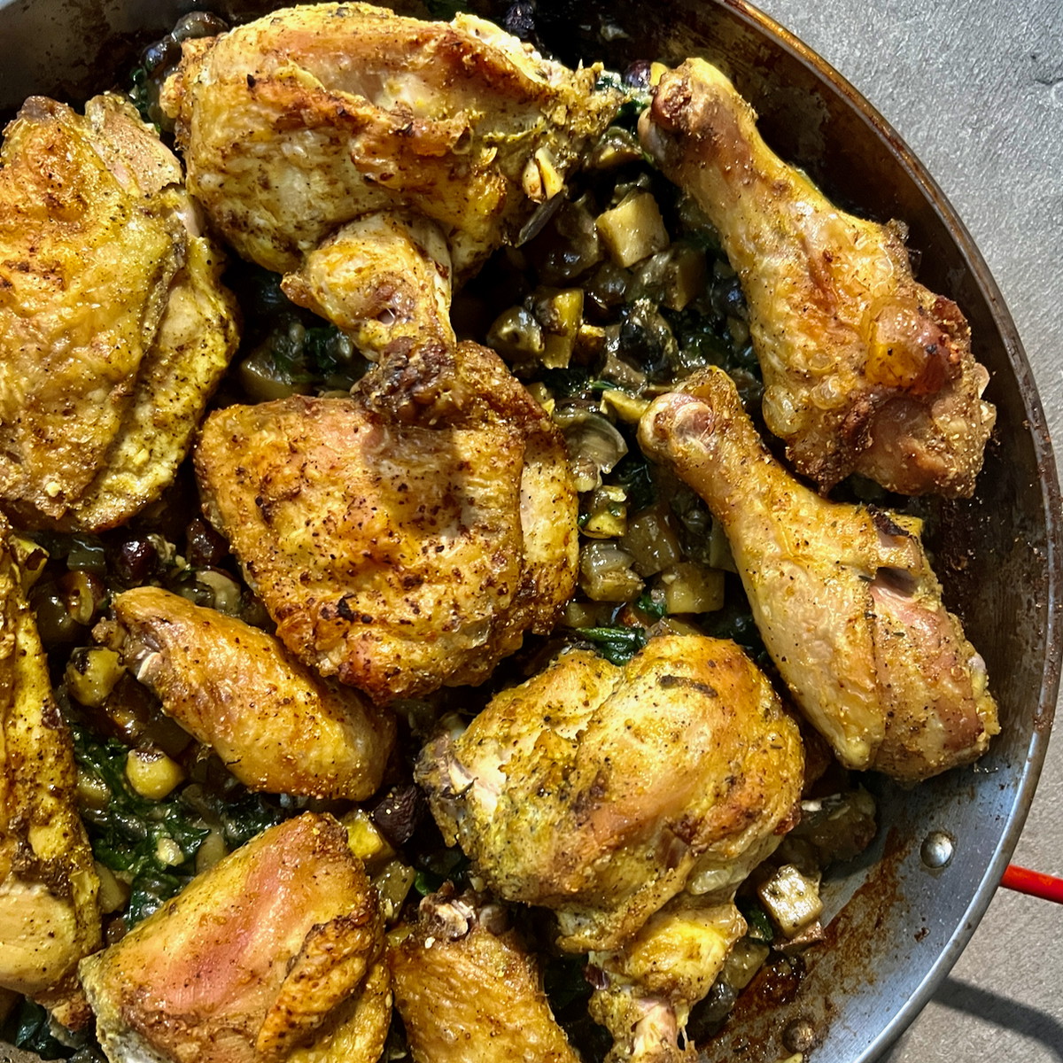 Roasted Chicken with Potato, Hazelnut, and Spinach