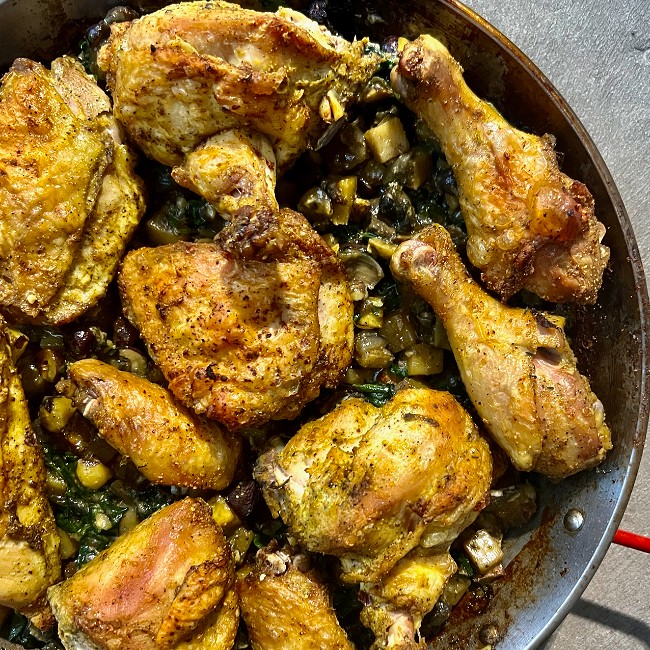 Image of Roasted Chicken with Potato, Hazelnut, and Spinach