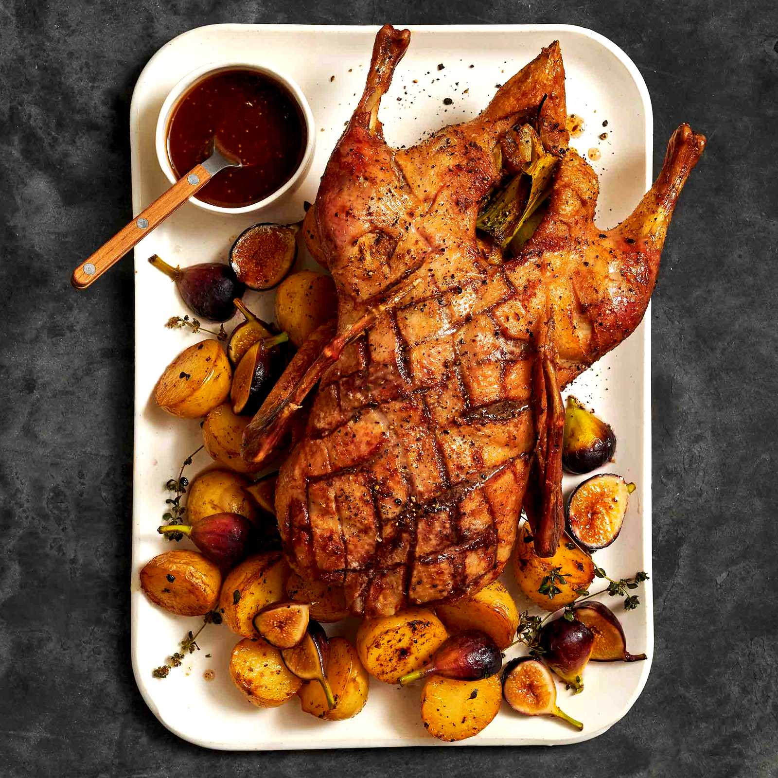 Image of Roasted Whole Duck with Mission Figs, Thyme and Potatoes