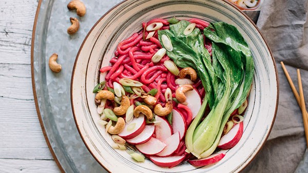Image of Vegan Udon with Bok Choy in Ginger Beet Broth
