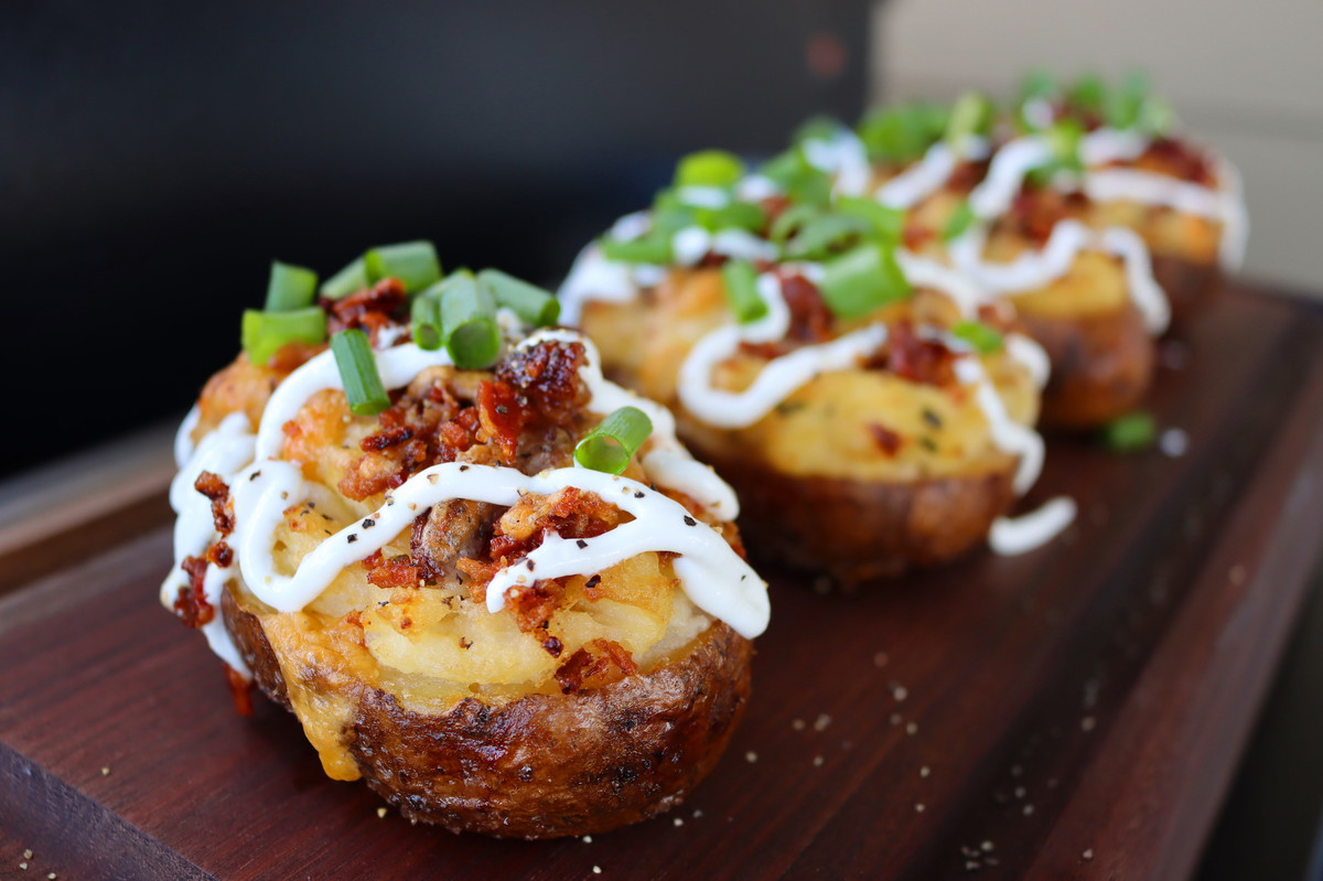 Smoked Twice Baked Potatoes with Horseradish Crema 